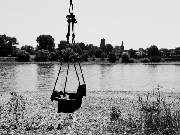 Week 29 - Swing. The swing is certainly great fun for children. Someone has hung it on a large tree at the campsite at the height of Rhine kilometer 756. Düsseldorf-Kaiserswerth can be seen in the background.
